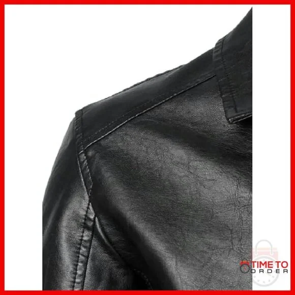 Men's Faux Leather Bomber Jacket Motorcycle Style Ribbed Hem - Picture 5 of 8